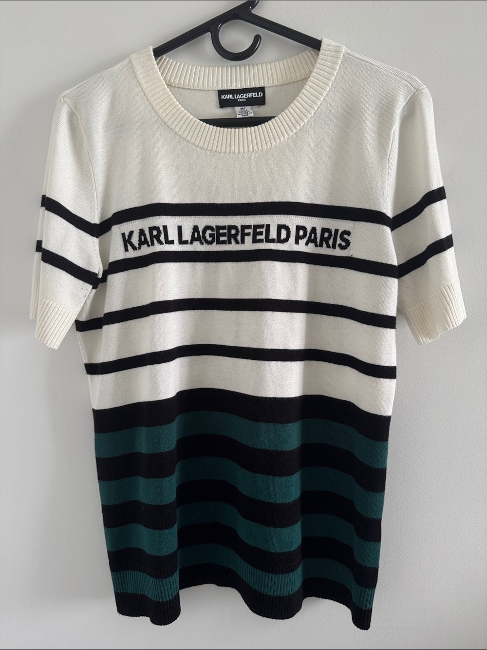 Karl Lagerfeld Paris Women’s Short Sleeve Striped Crewneck Sweater